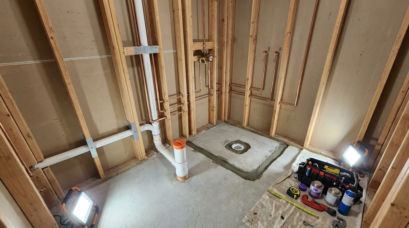 Bathroom rough-in plumbing during remodel by Johns Plumbing LLC in Anna Maria