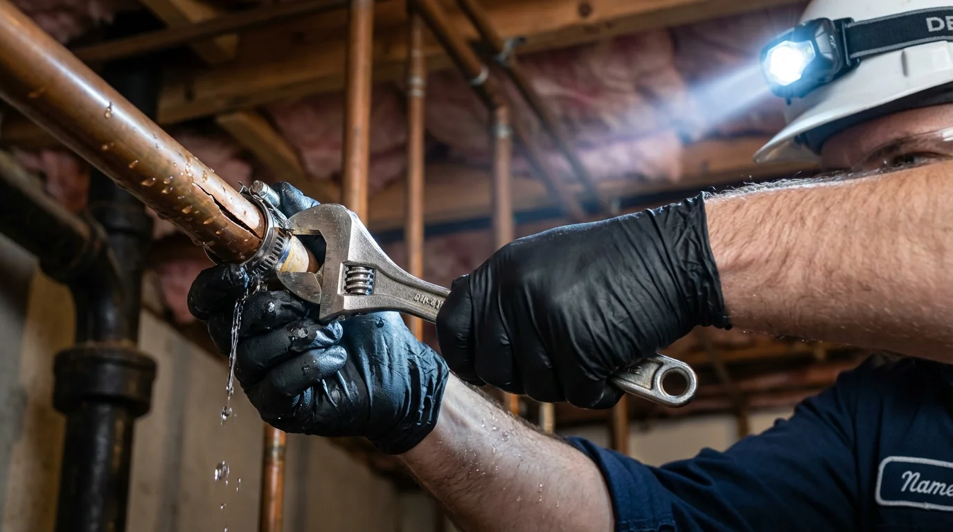 Emergency pipe clamp repair being performed by a Johns Plumbing LLC plumber in Anna Maria