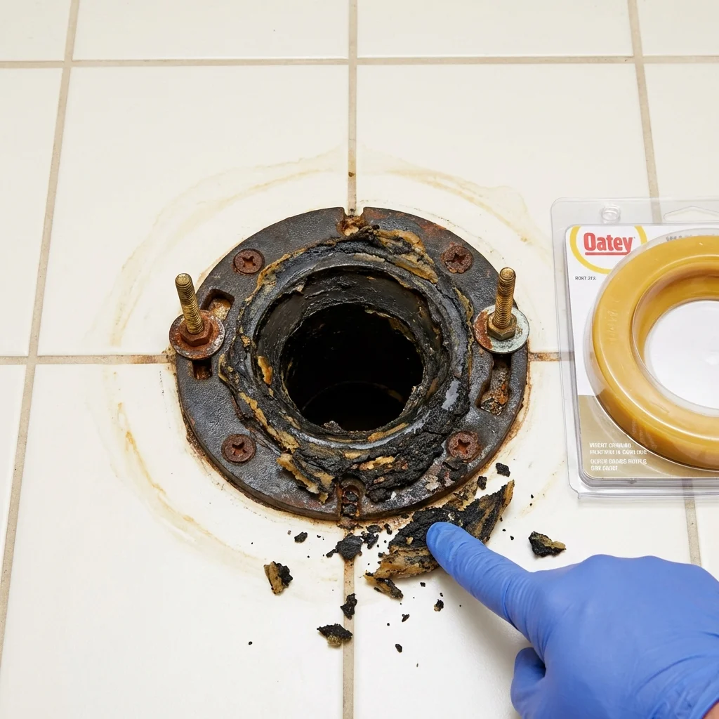 Failed wax ring showing water seepage at the base of a toilet in a Anna Maria, FL home