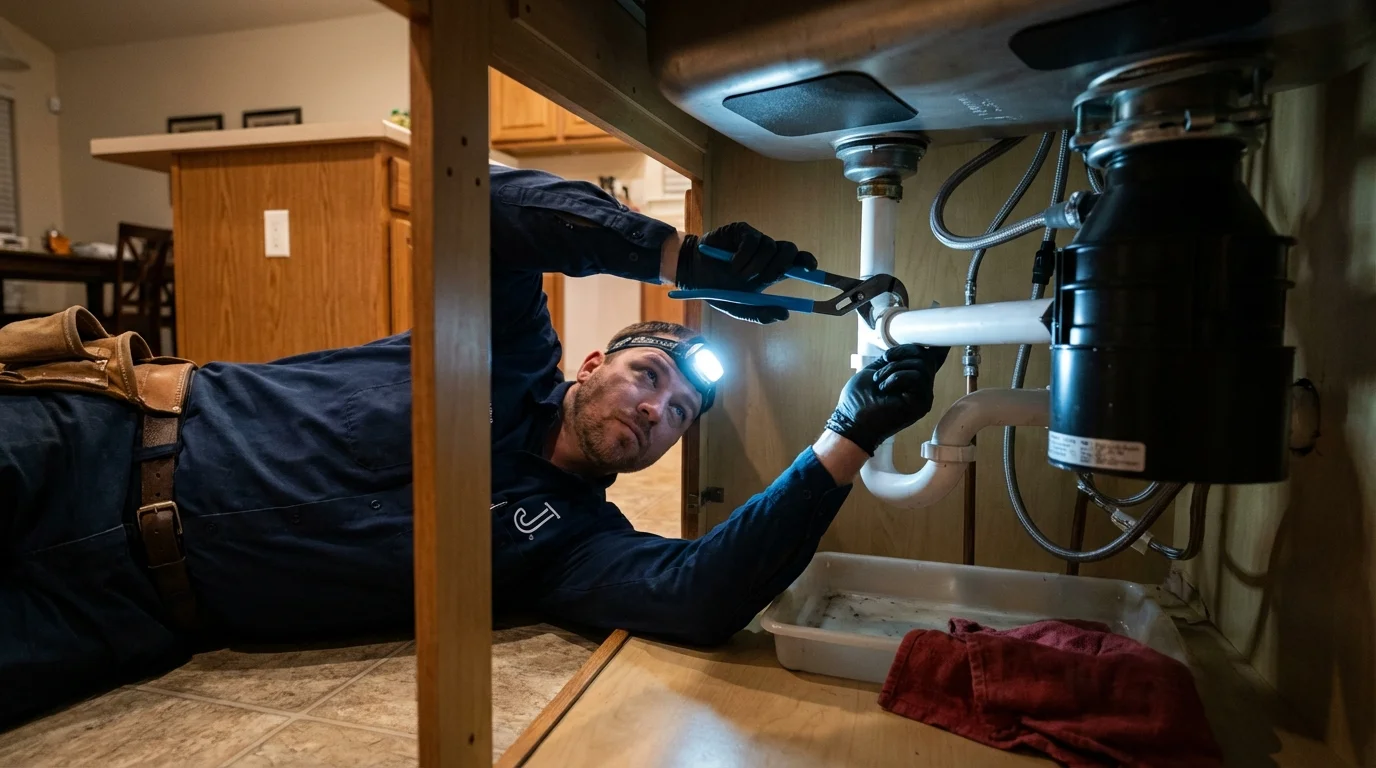 P-trap and supply line connections under a kitchen sink showing a common leak point in Anna Maria, FL